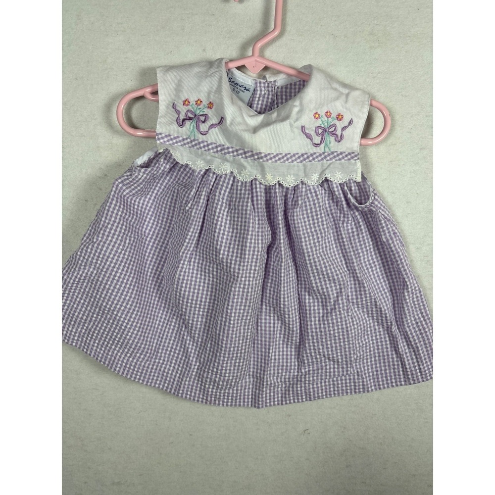 Vtg Samara Gingham Dress Set Baby Girl 9-12M Purple Floral Embroidery‎ Bloomers